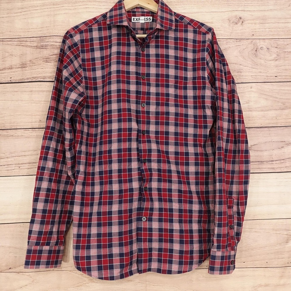 Express Shirt Mens S Red Plaid Long Sleeve Button-Up Extra Slim Fit Cotton